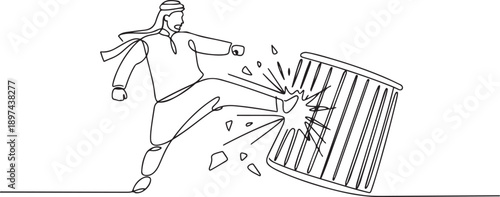 Single continuous line drawing Arab businessman trapped in cage kick the cage until wrecked. Freedom of expression for the smooth running of business. one line Icon drawing