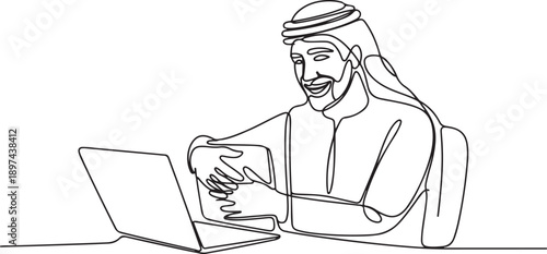 Continuous one line drawing Arab businessman hugging laptop at office. Love to computer concept. Emotional male. Human emotions, facial expression. one line Icon drawing