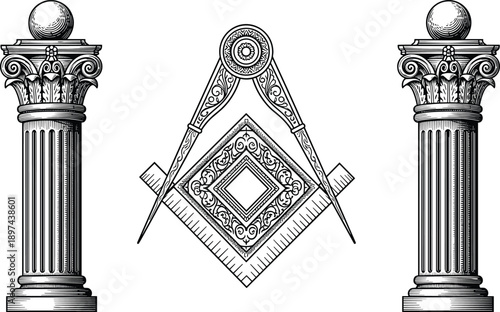 Intricate black and white vintage engraving of Masonic symbols including a square, compass, and ornate Corinthian columns representing architecture, history, and secret societies.