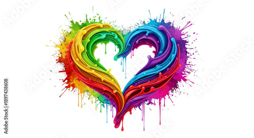 Dynamic Rainbow Heart Shape with Paint Splashes for Love Diversity Inclusion and Creative Marketing