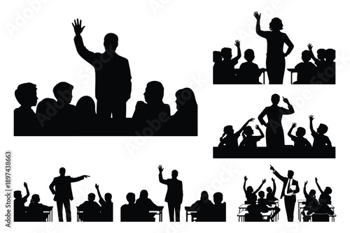 Silhouettes of people raising hands in classrooms and auditoriums
