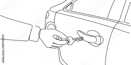 Single continuous line drawing hand turning the key in the hole on the car door. Man uses key to open the new vehicle. Automobile rental. one line Icon drawing