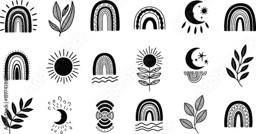 Collection of minimalist illustrations featuring celestial and natural elements
