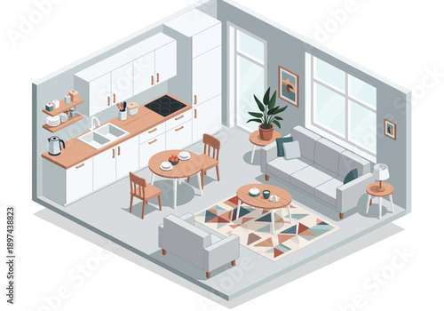 Isometric illustration of a modern living space with kitchen, dining, and living areas in a single open-plan room