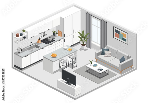 Isometric view of a modern open-plan living space with kitchen, dining, and lounge areas