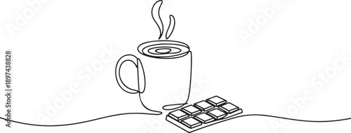 Continuous one line drawing mug containing chocolate drink and chocolate bar. A drink and a snack at the same time. Relaxing. National Hot Chocolate Day. one line Icon drawing