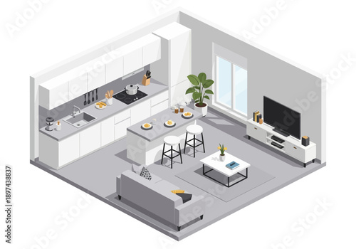 Isometric view of modern living room and kitchen with dining area and television