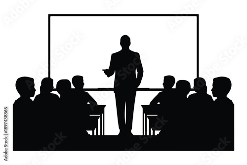 Teacher lecturing students at desks in front of a whiteboard