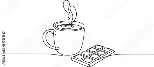 Continuous one line drawing mug containing chocolate drink and chocolate bar. A drink and a snack at the same time. Relaxing. National Hot Chocolate Day. one line Icon drawing
