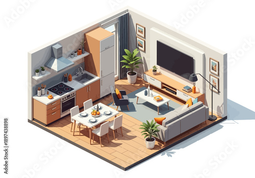 Isometric View of Modern Living Room with Kitchen and Dining Area in a Cozy Home Environment