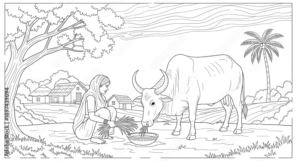 Naklejka premium Rural Woman Feeding Bull in Traditional Village Farming Line Art Coloring Page