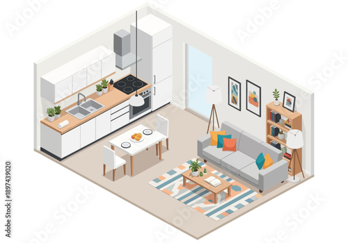 Isometric View of Modern Living Room and Kitchen with Furniture and Appliances in a Contemporary Home Interior