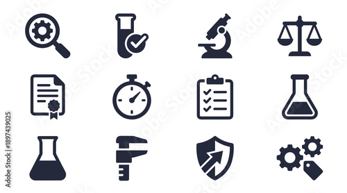 Collection of flat vector icons representing scientific research laboratory equipment quality assurance testing measurement tools and industrial compliance standards