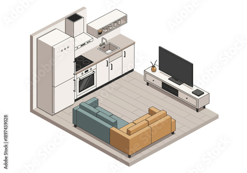 Isometric illustration of modern living room and kitchen interior design with furniture and appliances from an aerial viewpoint
