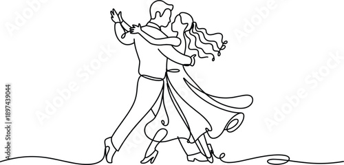 Minimalist continuous line art illustration of elegant dancing couple performing romantic tango, graceful movement, modern abstract sketch style, love, passion, and artistic ballroom dance concept