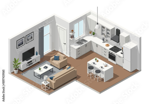 Isometric View of Modern Living Room, Kitchen, and Dining Area in a Contemporary Residential Space