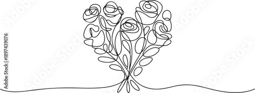 Continuous one line drawing a bouquet of roses formed into a heart shape. Symbolism of love that is getting stronger. Offering great love. Rose Festival. one line Icon drawing