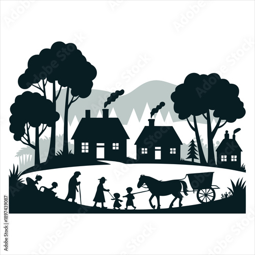 A family walks through a rural village with a horse-drawn carriage