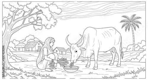 Rural Woman Feeding Bull in Traditional Village Farming Line Art Coloring Page