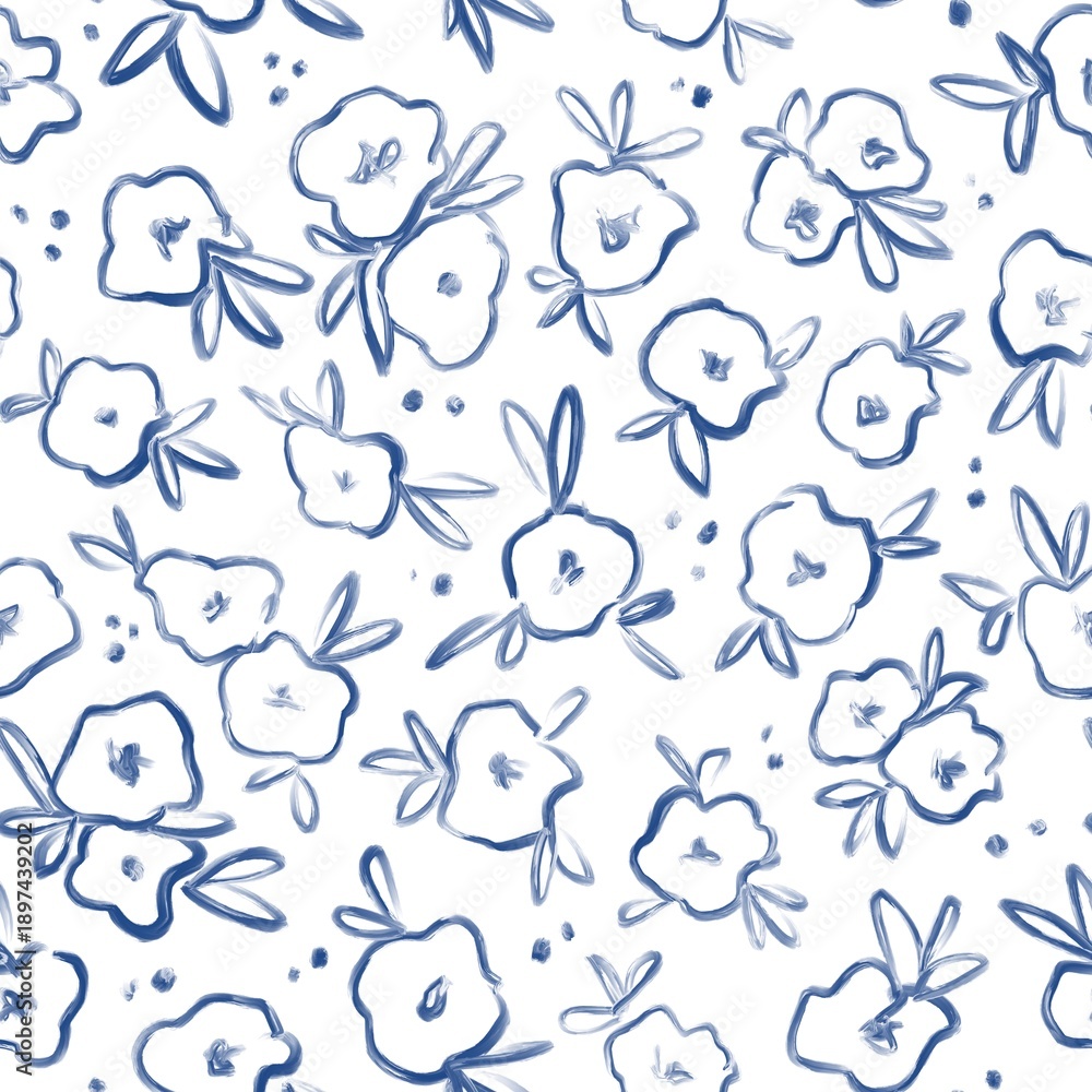 Fototapeta premium Vintage blossom seamless pattern. Rustic cottage style repeat design with flowers, leaves and dots for fabric, wrapping, textile print.