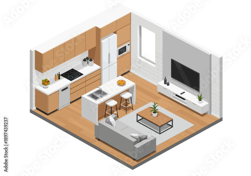 Modern 3D Isometric Living Room and Kitchen Interior Design with Furniture and Appliances