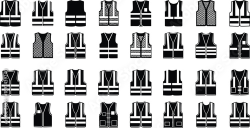 Large collection of black and white safety vest icons featuring high visibility reflective clothing, personal protective equipment, construction gear, and industrial security.