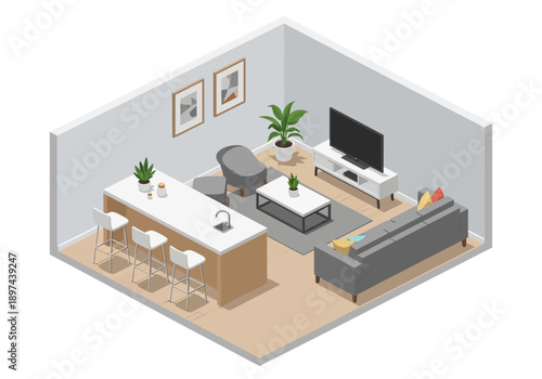 Isometric illustration of modern living room interior with furniture and decor from an elevated viewpoint