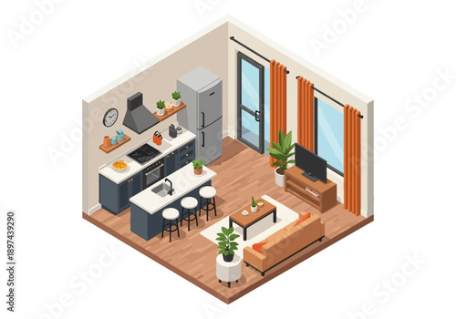 Isometric view of a modern living space with kitchen, dining, and living areas in a single open-plan room.