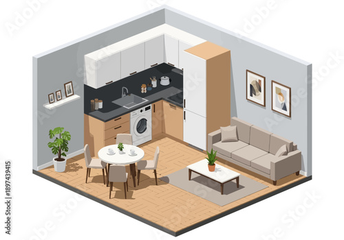 Modern 3D Isometric Illustration of a Compact Living Space Featuring Kitchen, Dining, and Living Areas in a Single Open-Plan Room