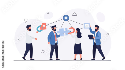 Teamwork and collaboration: people assembling puzzle pieces for business strategy