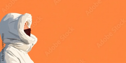 Snow Visibility Jacket concept. Person in winter clothing facing left on an orange background