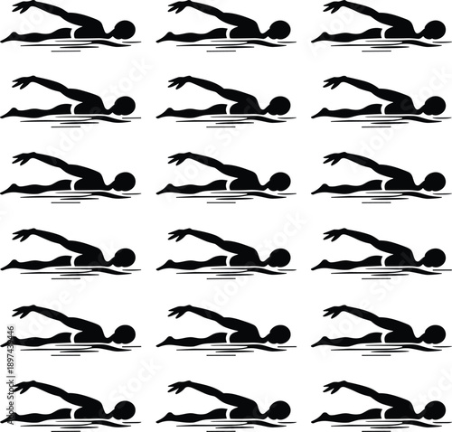Seamless freestyle swimming pattern with black athlete silhouettes repeating on white background, dynamic sport motion illustration ideal for fitness, training, and aquatic design concepts