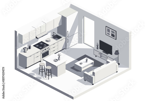 Isometric View of Modern Kitchen and Living Room Interior Design