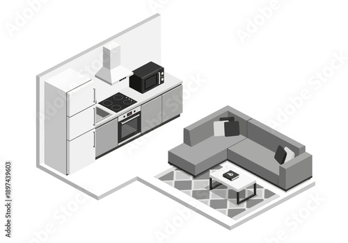 Isometric illustration of a modern living room and kitchen interior design with furniture and appliances