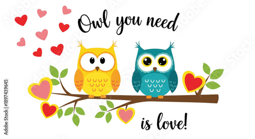 Cute Cartoon Owls Couple on Branch with Hearts. Perfect for Valentines Day Greeting Cards and Love Designs.