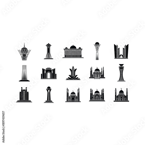 Collection of architectural landmarks and monuments illustrated in a minimalist style on a white background