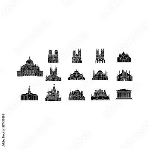 Illustrations of famous global buildings and cathedrals in a stylized digital format.