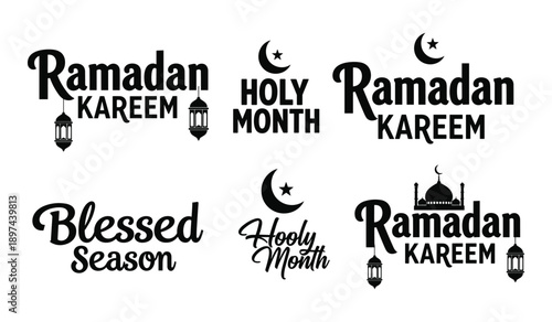 Ramadan Kareem and Holy Month Text and Symbols Black Silhouettes Islam crescent moon