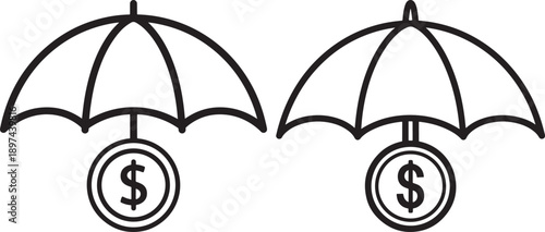 Two dollar sign icons under umbrellas, symbolizing financial security and protection