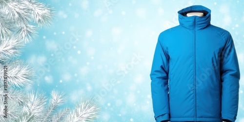 Snow Visibility Jacket concept. Blue winter jacket against a snowy background.