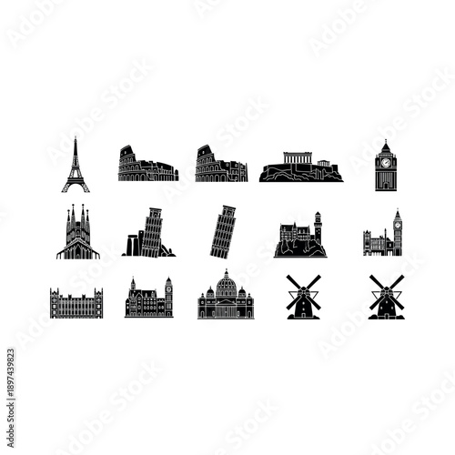 Illustrations of famous landmarks and buildings around the world in black and white.