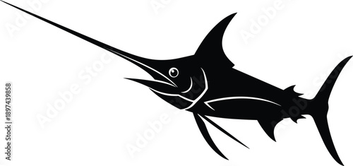 Stylized black and white swordfish silhouette illustration with a long pointed bill and sharp fins, perfect for sport fishing logos, marine.