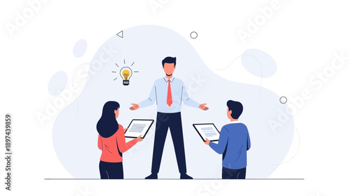 Teamwork and Brainstorming: Business Meeting with Idea Lightbulb Illustration