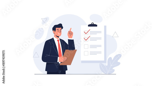 Businessman checking checklist on clipboard, pointing finger up, goal achievement concept.