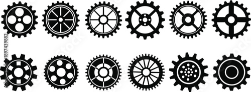 Set of black gear wheel icons isolated on white background, mechanical cog symbols collection for engineering, industry, technology, machinery design and industrial automation concepts