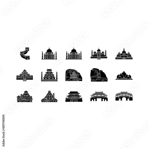 Collection of black and white illustrations of famous landmarks and monuments from around the world displayed together