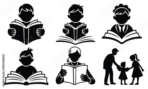 World book day silhouette set bundle with people reading and family