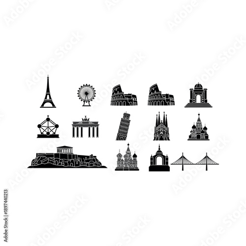 Illustrations of famous landmarks and monuments worldwide in a collection.