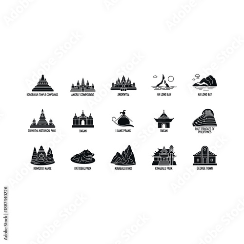 Collection of famous landmarks and monuments from around the world illustrated in a minimalist style.
