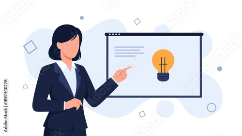 Businesswoman pointing at lightbulb idea on presentation screen, concept of innovation